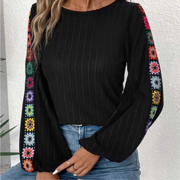 Chic Black Blouse with Colorful Embroidered Sleeves - Picture 2 of 5